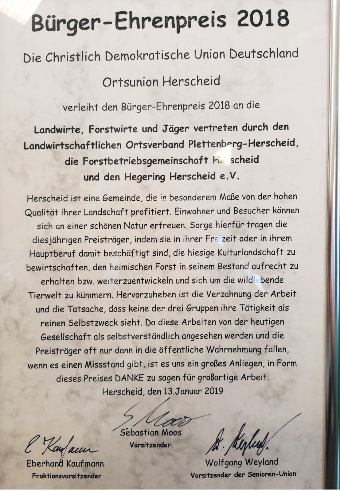 Urkunde Bürgerehrenpreis 2018 Urkunde Bürgerehrenpreis 2018